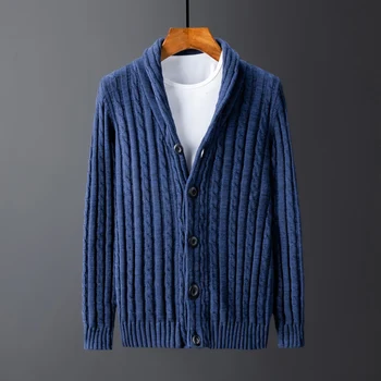 

Autumn New Cotton Cardigan Men Warm Fashion Solid Color Casual V-neck Knit Sweater Jacket Street Wild Loose Sweter Clothes M-4XL