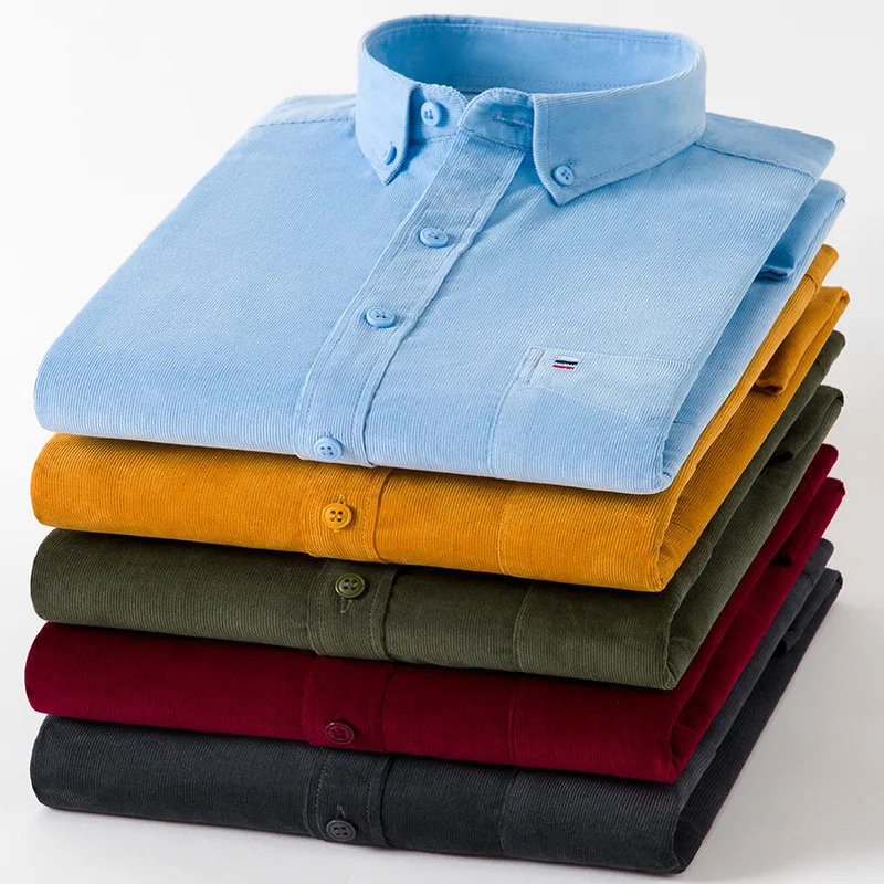 Camisa con botones de pana 100% algodón para hombre, ropa coreana, camisa de manga larga, informal, con bolsillo, moda japonesa de negocios