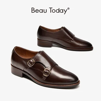 

Monk Shoes Women Cow Leather Office Ladies Metal Buckle Strap Handmade Classical British Style Pointed Toe BeauToday 27184