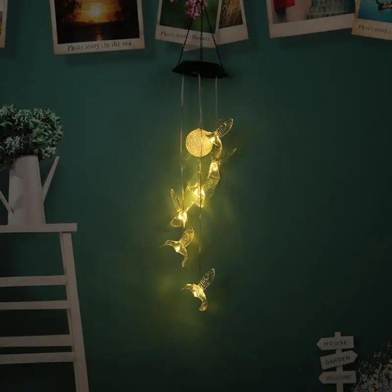 6LED Солнечная энергия Колибри, ветряной колокольчик, светильник для сада, украшения дома, подвесные пейзажи, для улицы, для сада, двора, Подвесная лампа