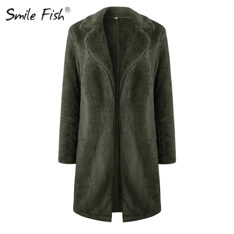Флисовые женские шерстяные Длинные куртки офисный Женский Пушистый кардиган зимние плюшевые пальто куртки Уличная одежда размера плюс пальто M0166 - Цвет: Army Green