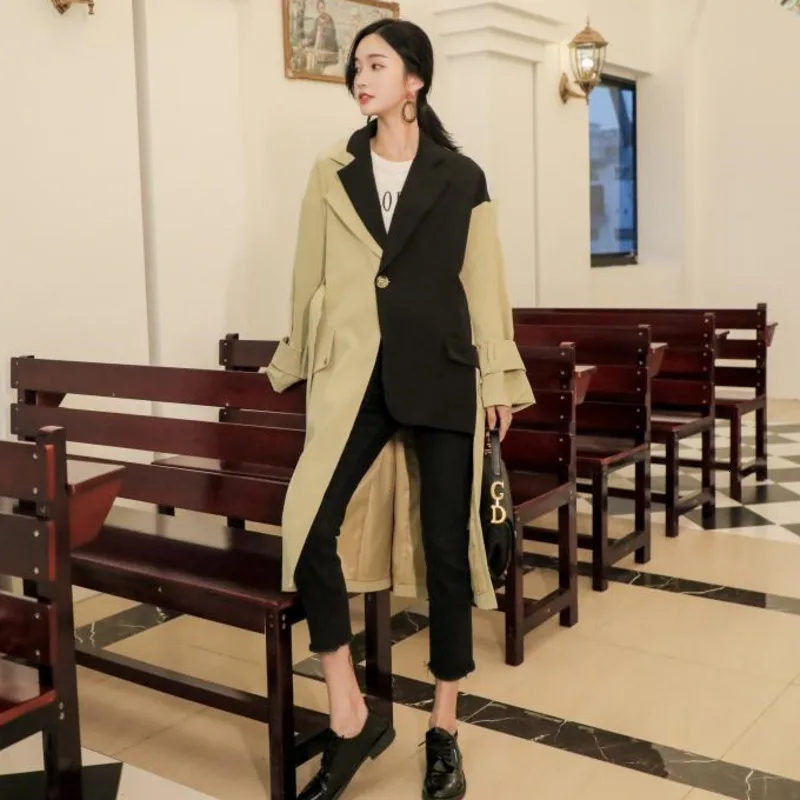 

[LANMREM] 2019 autumn and winter new products Fashion lapel one button suit contrast color strap casual coat long section PA503