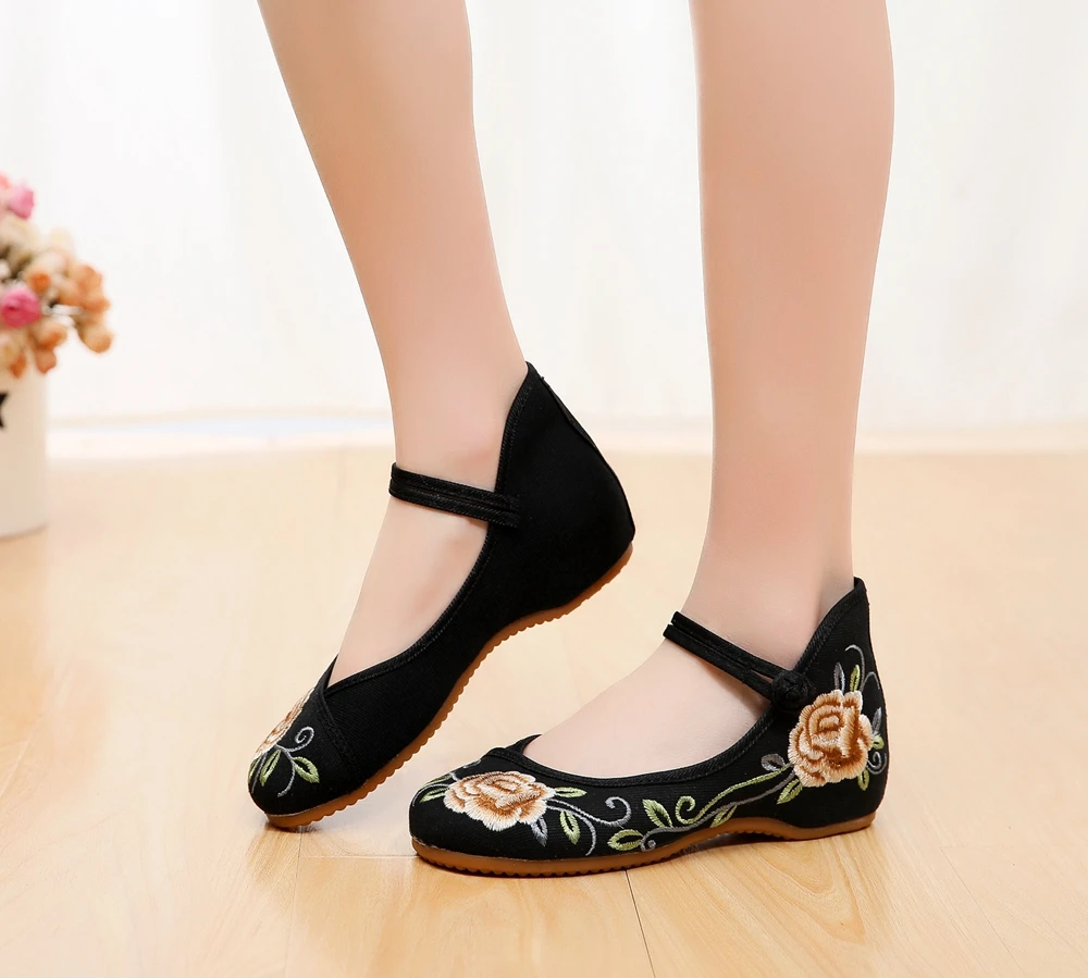 Veowalk Ankle Strap Women Canvas Embroidered Ballet Flats, Chinese Style Ladies Casual Comfort Walking Shoes Cotton Ballerinas