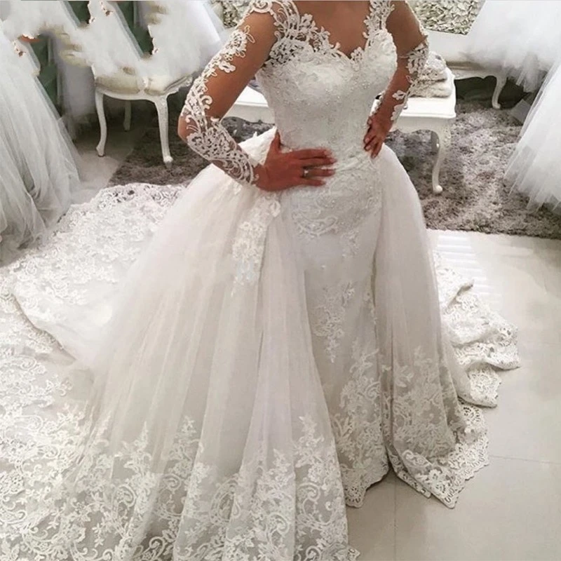 Luxe Kant Lange Mouw Zeemeermin Trouwjurk met Afneembare Rok Backless Hof Trein Saudi Arabië Bridal Bruidsjurken Dubai Luxe Kant Lange Mouw Zeemeermin Trouwjurk met Afneembare Rok Backless Hof Trein Saudi Arabië Bridal Bruidsjurken Dubai