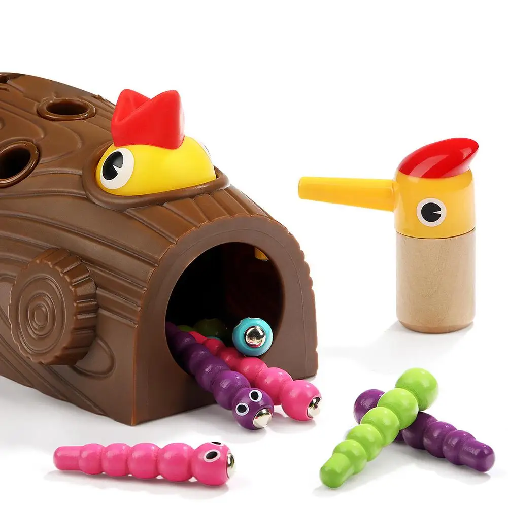 

Wooden Magnetic Woodpecker Catch Caterpillar Worms Game Educational Kids Toy New