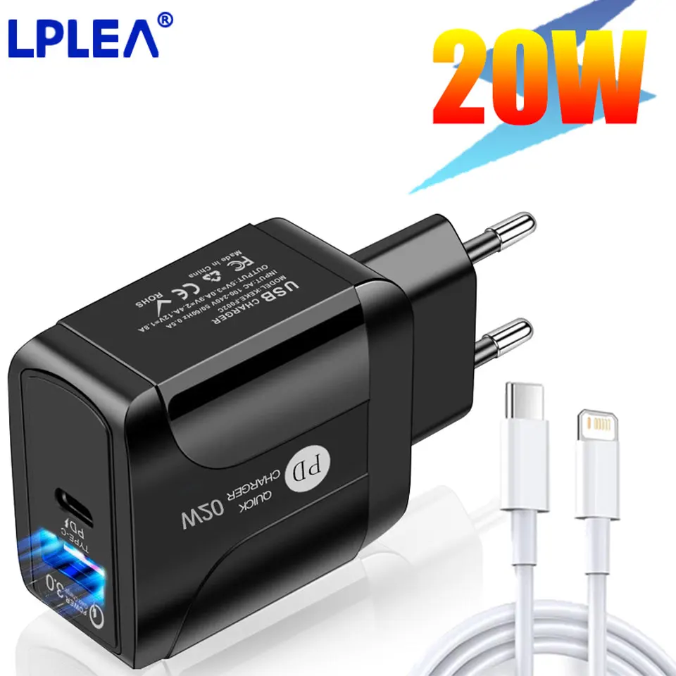 LPLEA 20W PD Quick Charger 3.0 Fast Usb EU/US/UK Plug Phone Charge Adapter For iPhone 12 11 Pro Max XS XR X 5A Fast Charger Cord wallcharger