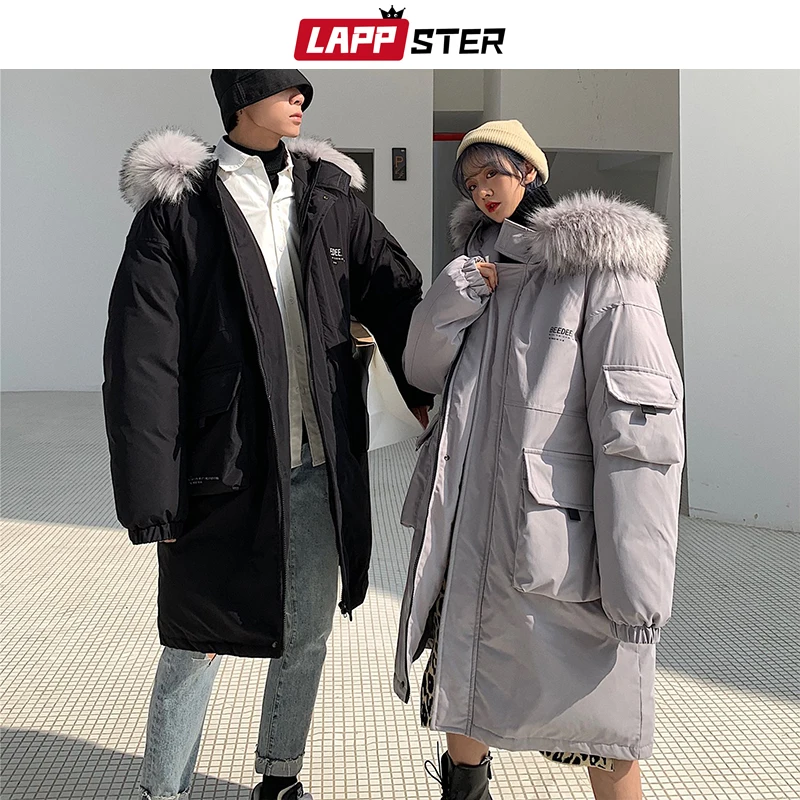 LAPPSTER, зимнее длинное пальто, Мужская парка,, корейская мода, Меховая куртка с капюшоном, пальто для мужчин, большие размеры, черная Толстая куртка, одежда для пар