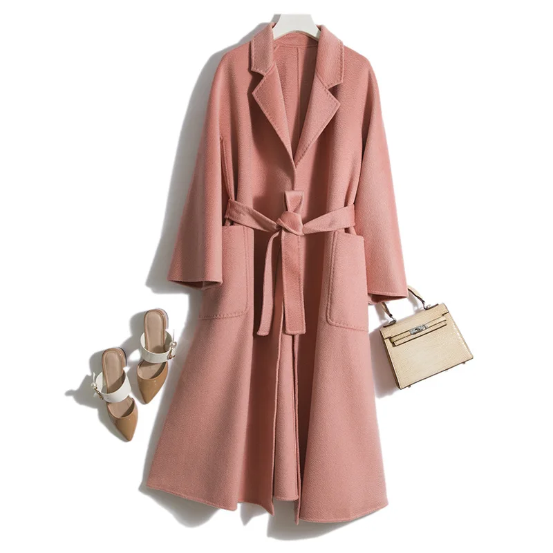 

Women's cashmere coat 2019 autumn and winter new high quality double-sided water ripple fabric handmade wool cashmere coat