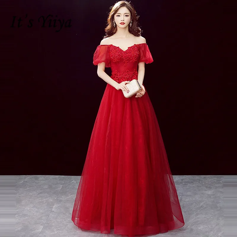 It's Yiya вечернее платье, с вырезом лодочкой, винтажное бордовое длинное платье De Soiree, короткий рукав, Кристальное кружево, женские вечерние платья E755 - Цвет: Бургундия