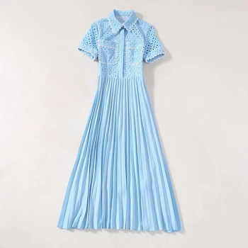 

HIGH QUALITY Newest 2020 Fashion Runway Women's Short Sleeve Shirt Collar Blue Hollow Out Guipure Lace Patchwork Pleated Dress