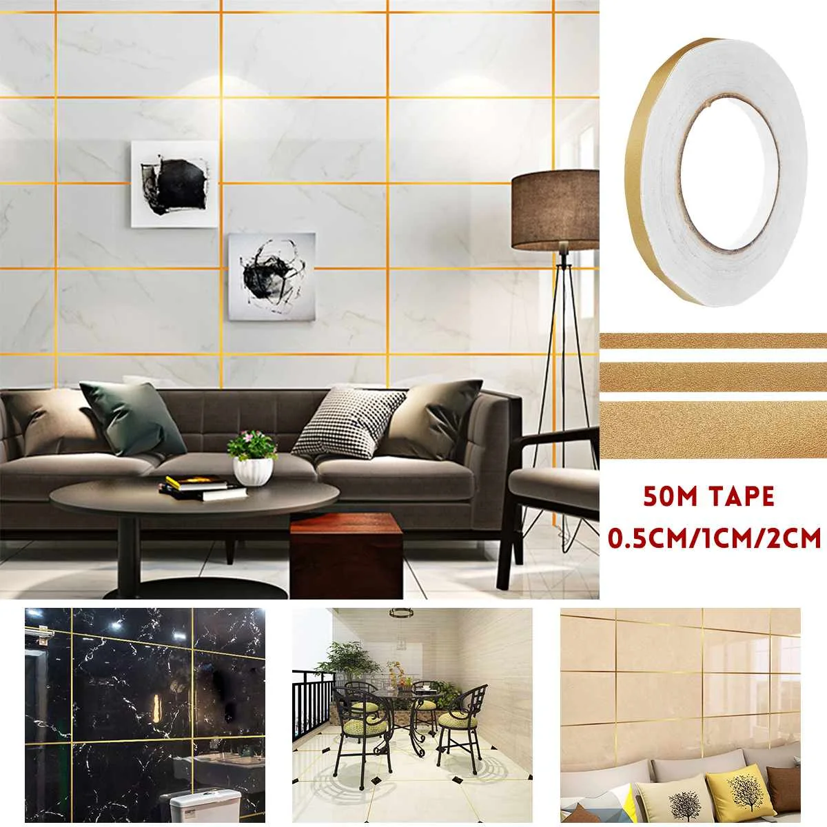 

50M Ceramic Tile Mildewproof Tape Decor Gold Self Adhesive Wall Floor Tape Sticker For Home Wall Decor