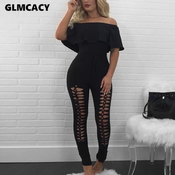

Women Ruffles Off Shoulder Short Sleeve Jumpsuit Lace Up Leg Skinny Long Pants Solid Club Party Jumpsuits Sexy Overalls