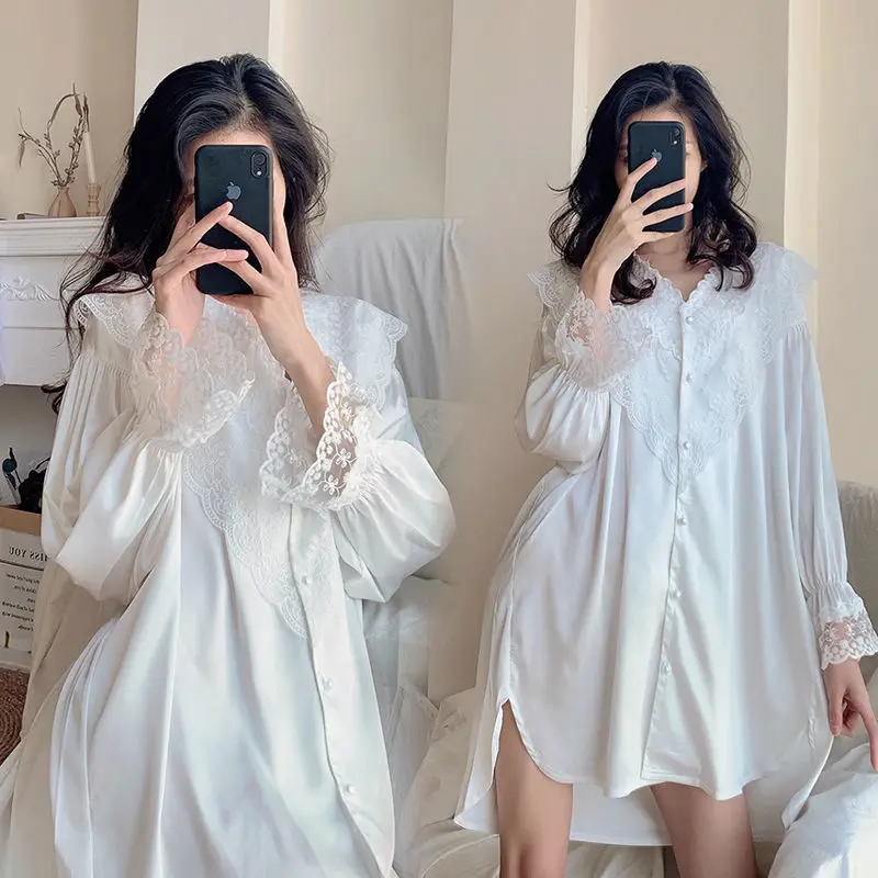 Nightgowns Women Lace Sweet Spring Long Sleeve Loose Casual Sleepwear  Korean Cute Vintage Lady Mini Dress White Single-breasted - AliExpress  200574005