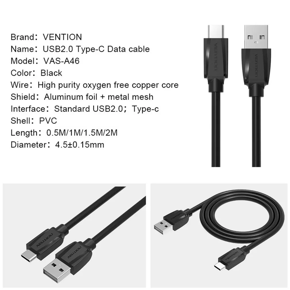 Vention A46 Сильная Совместимость USB2.0 тип-c кабель для зарядки USB2.0 мужчин и тип-c мужчин кабель для зарядки данных для Android