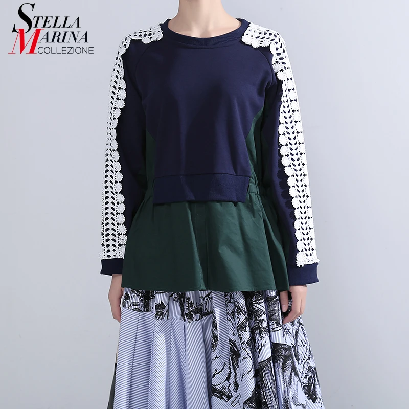 * Новинка 2019 Женская Осенняя пуловерная толстовка синяя Лоскутная с длинным