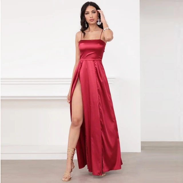 Vestido largo satén para mujer, traje Sexy de tirantes con abertura en la Espalda descubierta, con lazo, color azul y rojo, para fiesta verano - AliExpress