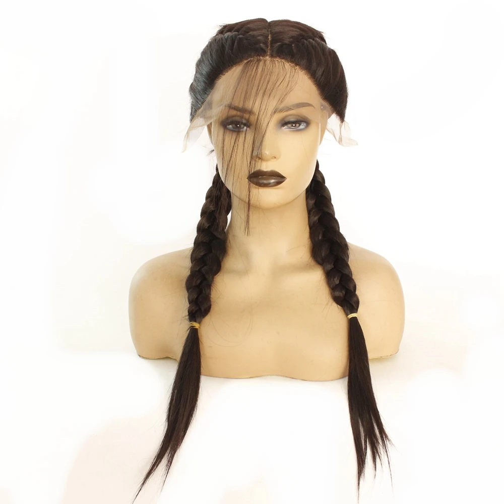 High Quality Pre Plucked Long Double Braids Synthetic Braided Lace Front Wig With Baby Hair Auburn Color Natural Women Wigs