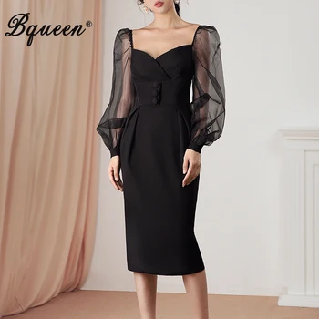 

Bqueen New Arrival Fashion Full Puff Sleeve Autumn Women Dress Sexy V Neck Button Knee Length Lady Party Dress Vestidos 2020