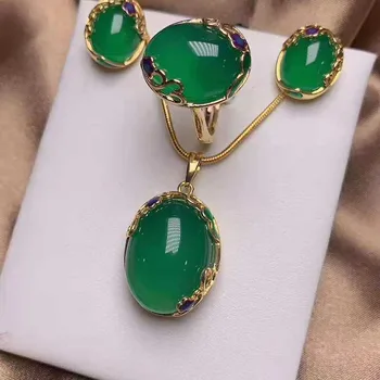 

Jade 925 silver inlaid jade pendant Earring Ring Ring three piece suit