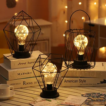 

Creative Vintage Wrought Iron Lantern Diamond Night Light LED Bedroom Table Lamp Wrought Iron Decorative Lamp For Living Room