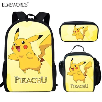 

ELVISWORDS 2020 New Kawaii Pikachu Print Children 3Pcs/Set School Bags Cartoon Animel Pokemon Pattern Student Backpack for Kids