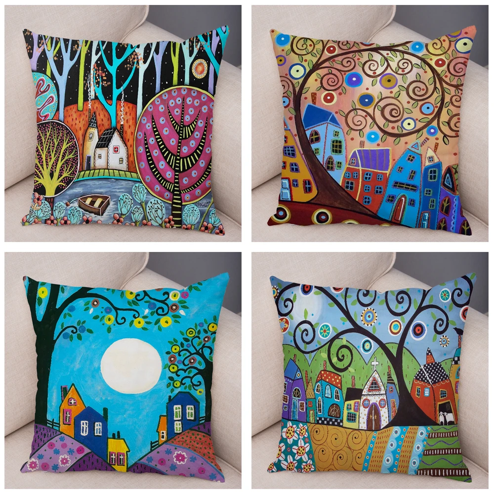 Throw Pillow Cover Cushion Cover Pillow Case Retro Rural Cities Cartoon House Tree Plush For Sofa Home Car Decor