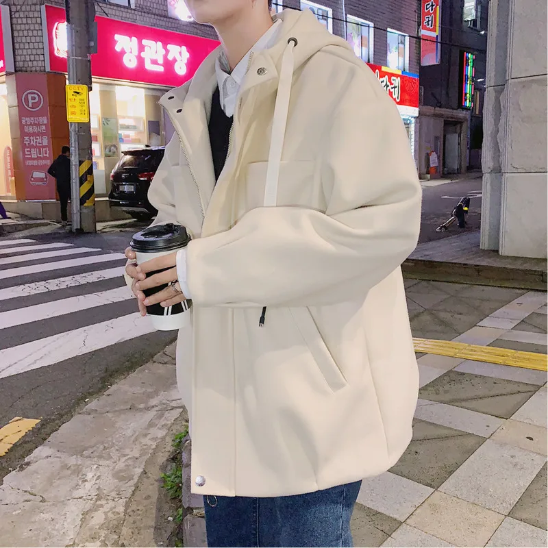 

Winter Woolen Coat Men's Fashion Solid Color Casual Hooded Woolen Jacket Man Streetwear Loose Thick Cotton Jacket Men M-2XL