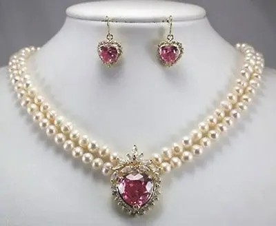 Быстро> Новые 2 ряда белый жемчуг ожерелье+ сердце розовый циркониевый кулон, серьги набор AA1234(A0516