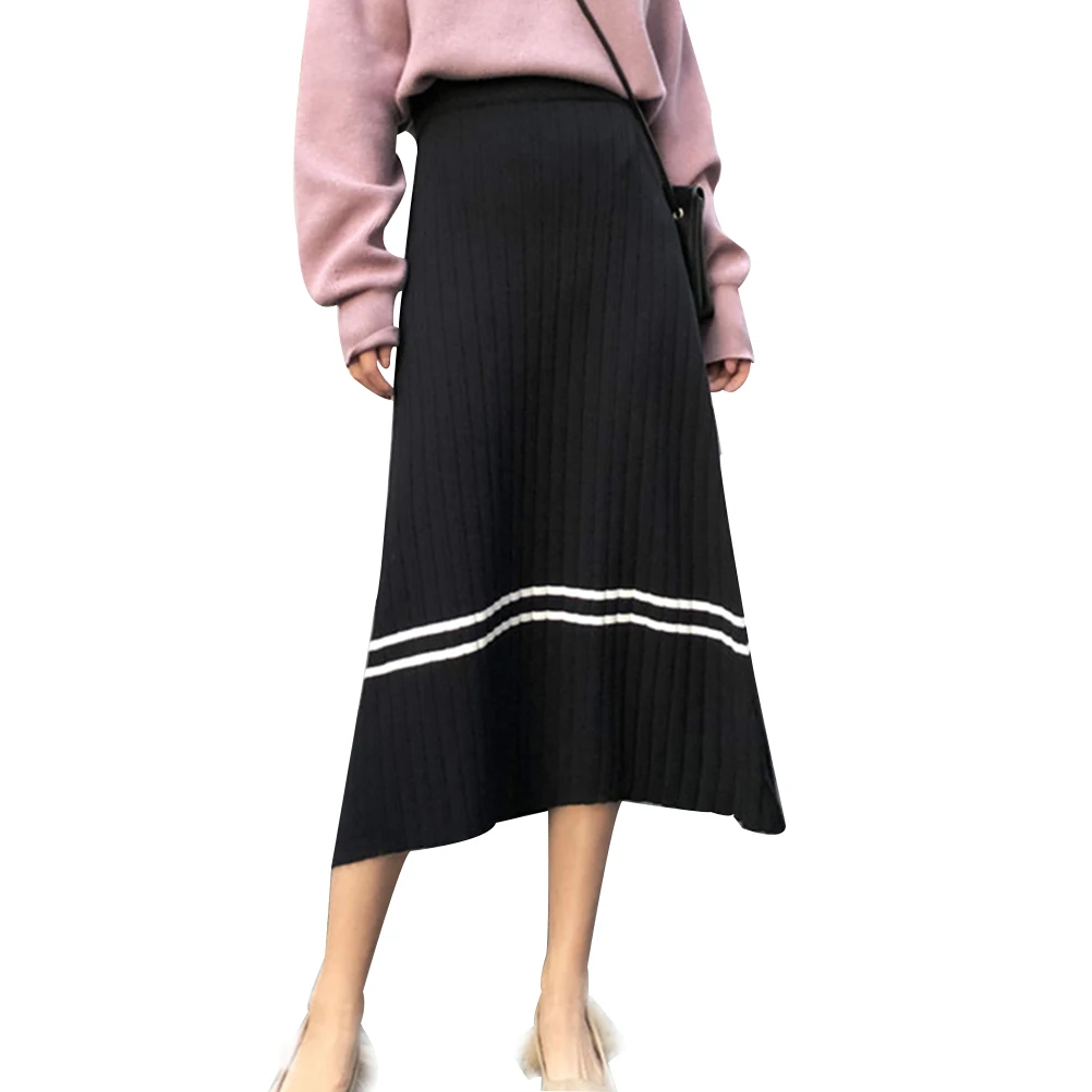 Black Knit Skirt Осенняя вязаная юбка, Женская Полосатая эластичная плиссированная юбка средней длины с высокой талией, европейская-американская мода, зимняя женская одежда - Цвет: Black Knit Skirt