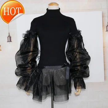 

Sweater Patchwork Mesh Women Turtleneck Puff Long Sleeve Ruffle Hem Knitting Pullovers Female 2020 Clothing Fashion