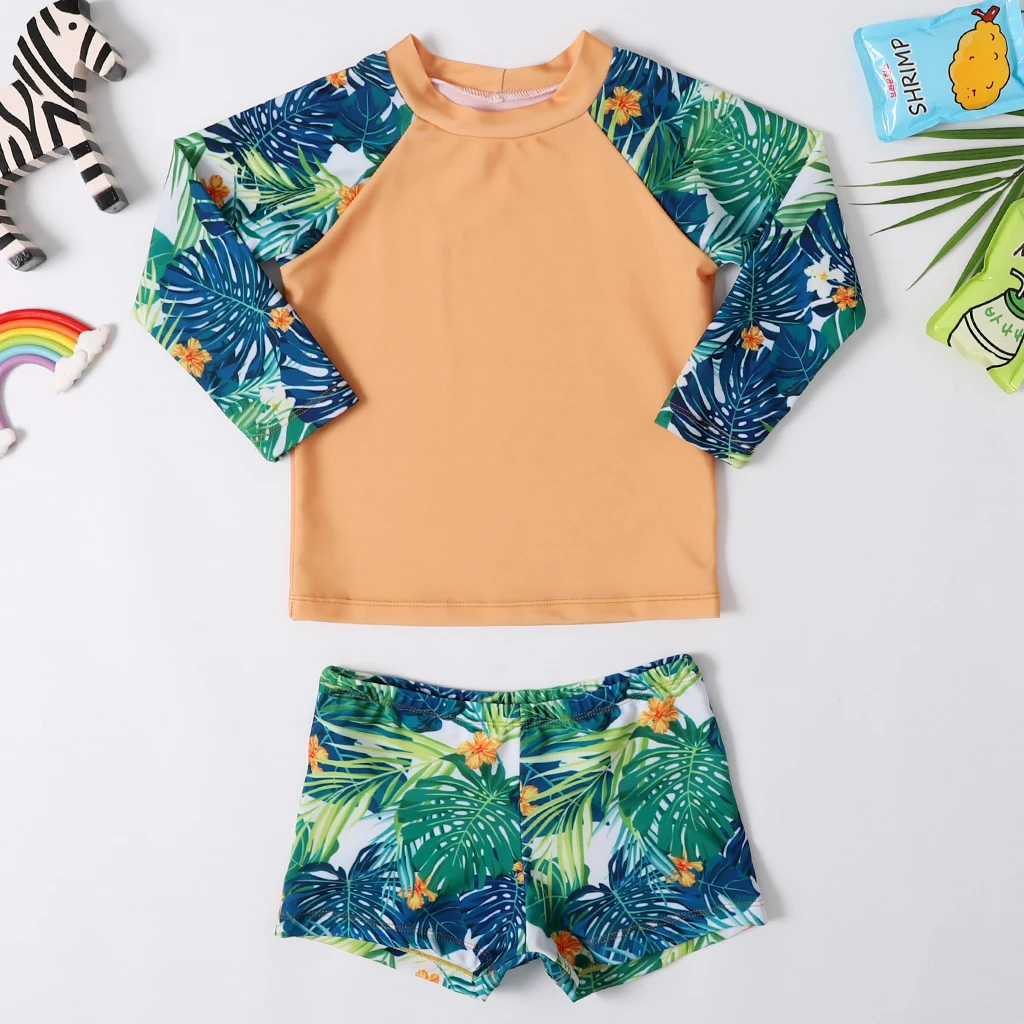 

2019 New Baby Boy's Swimsuit Kid's Long Sleeves Swimwear Children Two-Pieces Tropical Leaf Swimsuit Boy Swimtrunk Beachwear