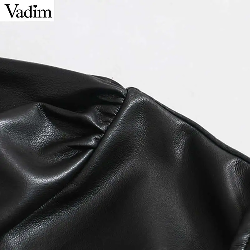 Vadim women elegant solid PU leather mini dress three quarter sleeve turn down collar straight female chic casual dresses QC941