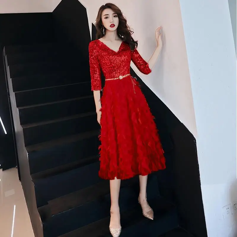 С v-образным вырезом невесты вечерние платье Для женщин блесток Cheongsam пол-Длина свадебное Ципао элегантные длинные платья Роскошные Свадебные платья Vestido S-XXL - Цвет: Red - A