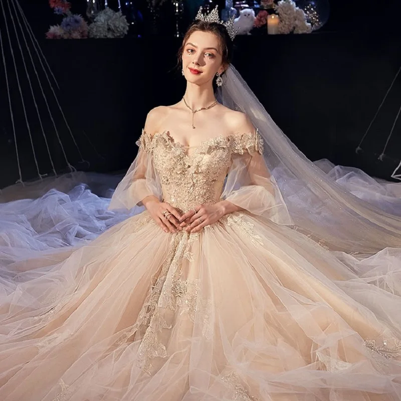 Alilove Champagne/Ball Gown/Off Shoulder/Luxury/Simple Wedding Dress Marriage/With Sleeves For Women /Elegant Bridal Gown