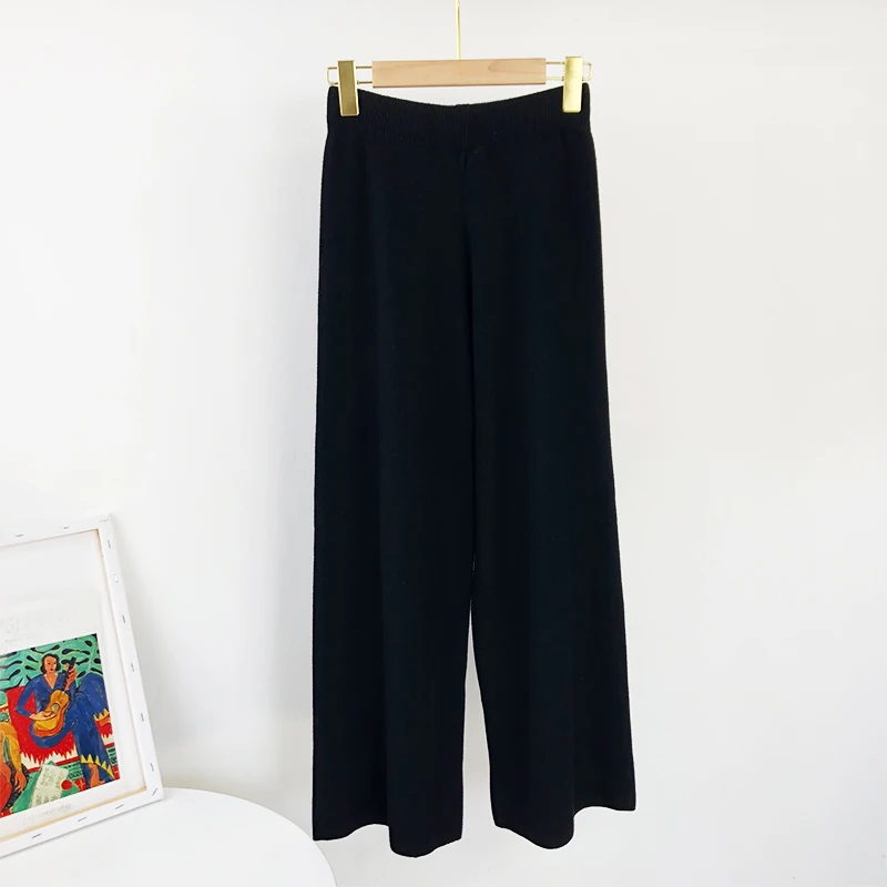 Aachoae 2020 Lady Solid Knit Pants Loose Wide Leg Long Length Pants Female Drawstring Casual Office Home Wear Trousers Pantalon
