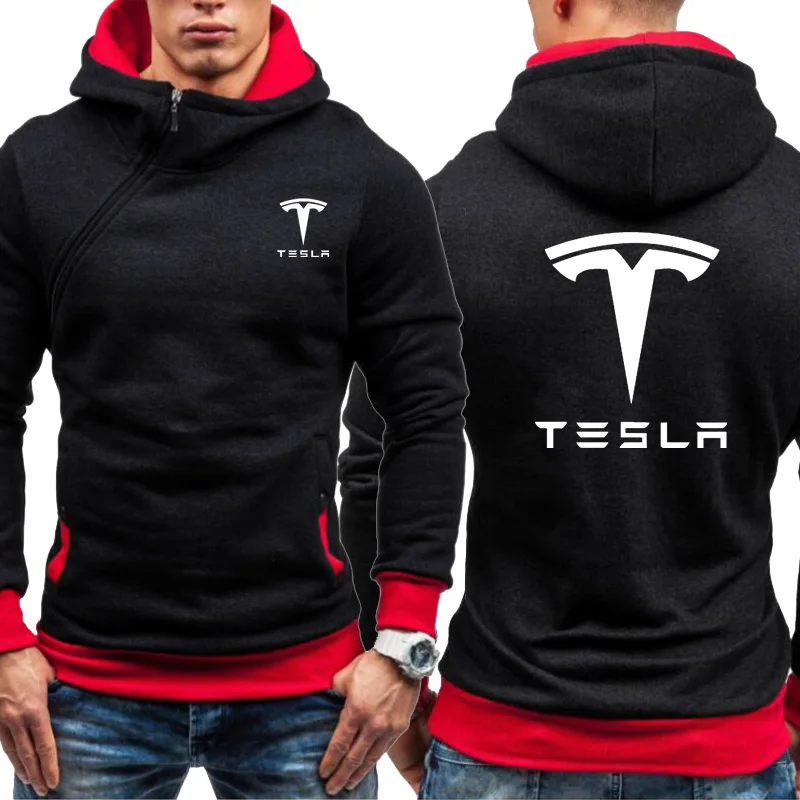 Tesla Men Hoodie Diagonal zipper Sweatshirt Tesla League