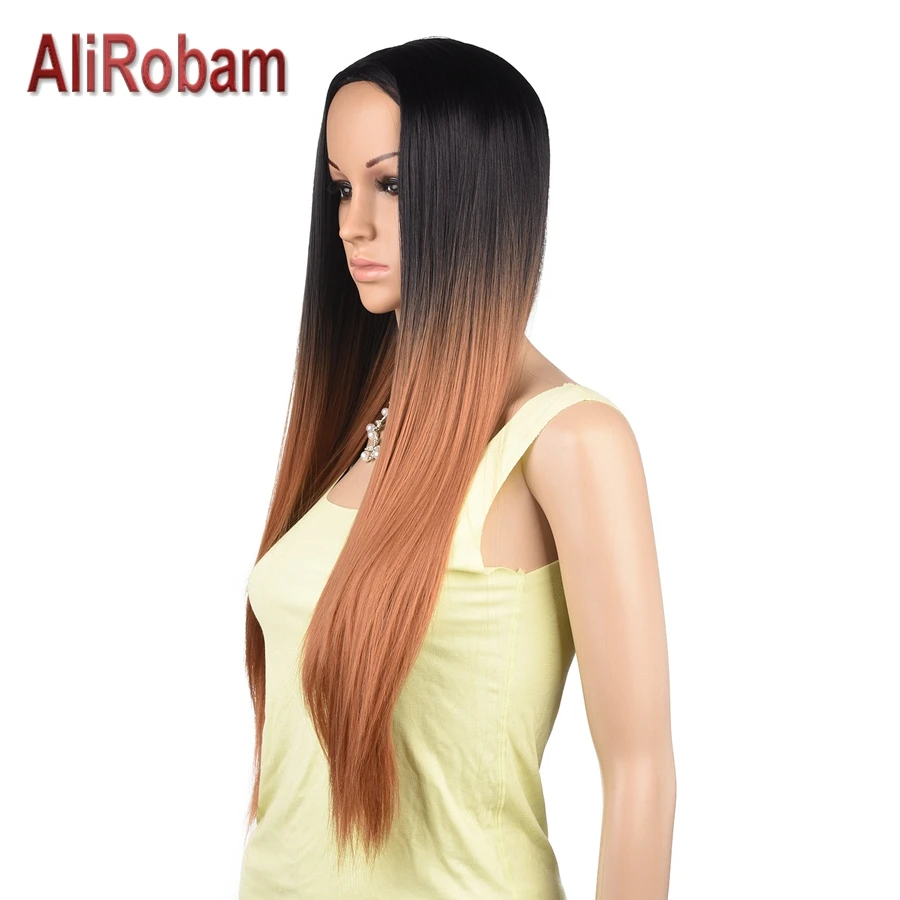 AliRobam Высокая температура волокна синтетический парик шелковистые прямые волосы парики для афро-американских женщин Омбре коричневый розовый серый бордовый