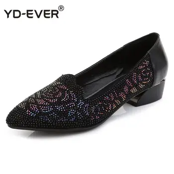 

Spring Autumn High Heels Shoes Women Genuine Leather Shoes Rhinestone Thick High Heels Fashion Party Pumps Large Size
