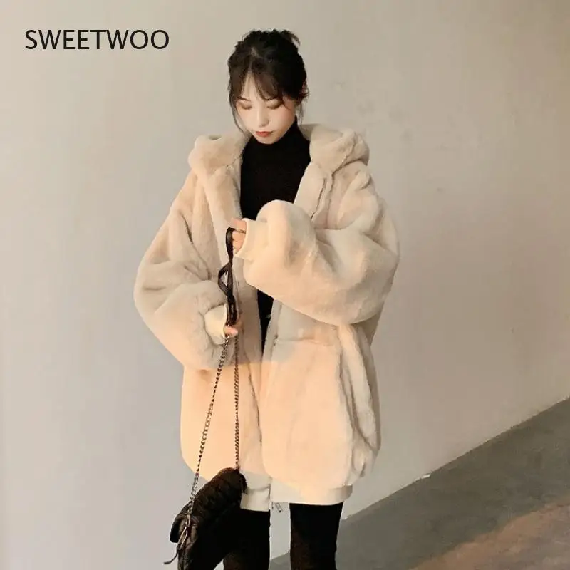 Winter Thick Warm Faux Rabbit Fur Coat New Women Long Sleeve Hooded Fur Jacket Coats Fashion Outwear