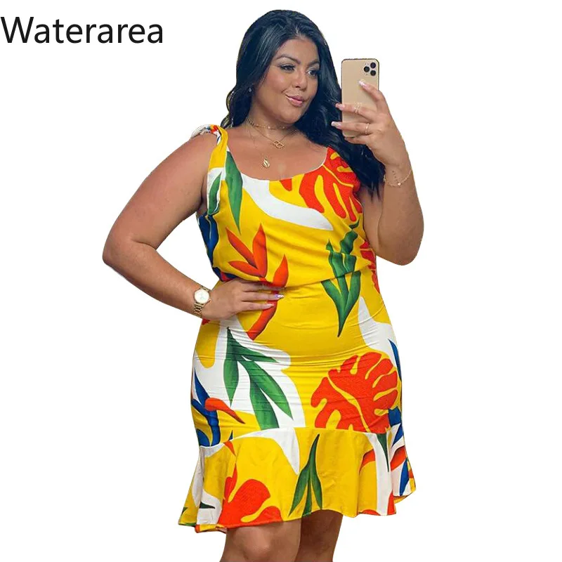 Waterarea Women Dress Spaghetti Strap O-neck Empir Eruffles Knee-length Print Dresses Female Summer Casual Bodycon Dress 2021 white dress