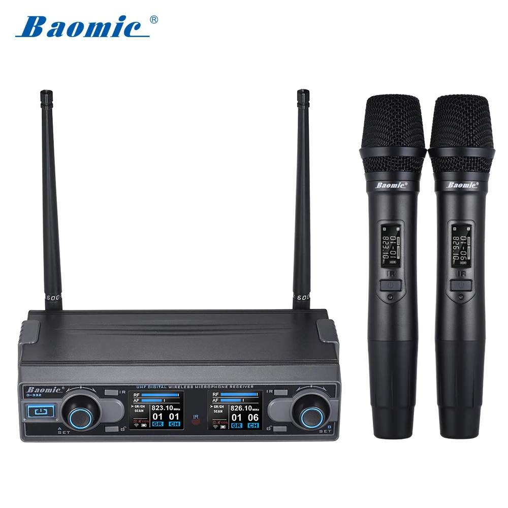 Baomic D-332 Профессиональный Двухканальный UHF Цифровой беспроводной ручной микрофон системы для караоке вечерние представления