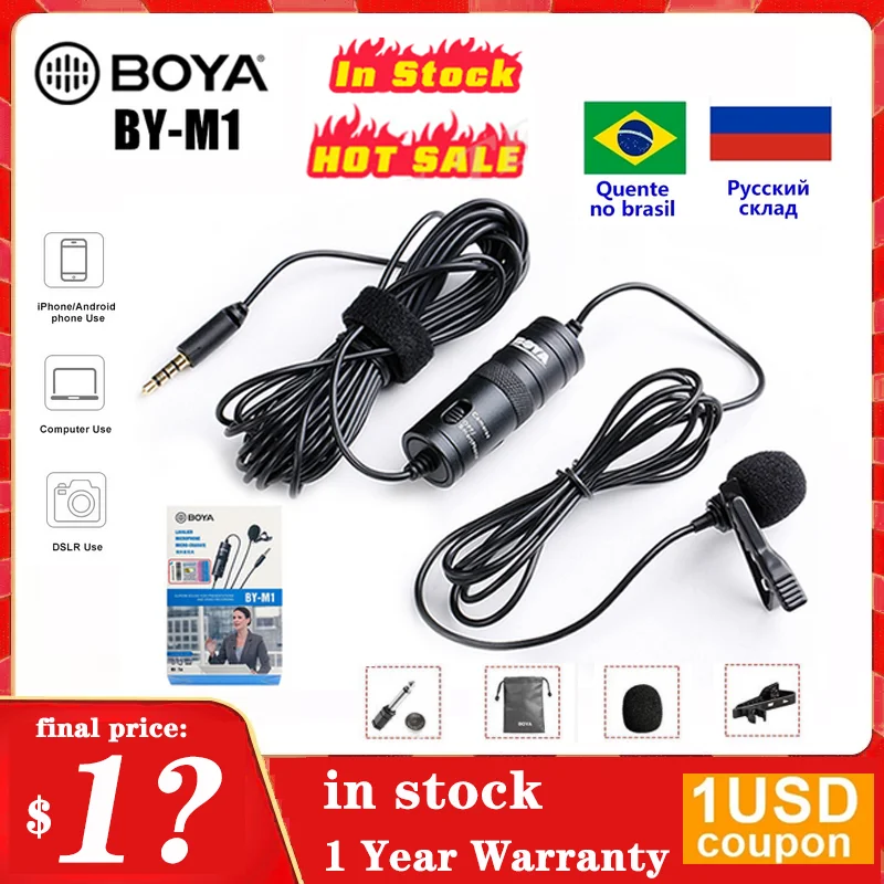 Boya by-M1 Microphone à condensateur omnidirectionnel 6,1 m Câble Audio Compatible avec caméscopes numériques SLR Caméscope Vidéo/Smartphone Noir Simple Noir 3