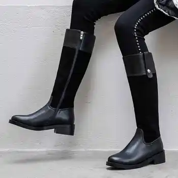 

Luxury brand knee high boots women riding boots genuine leather round toe British med-heels gorgeous knight boots zapatos mujer