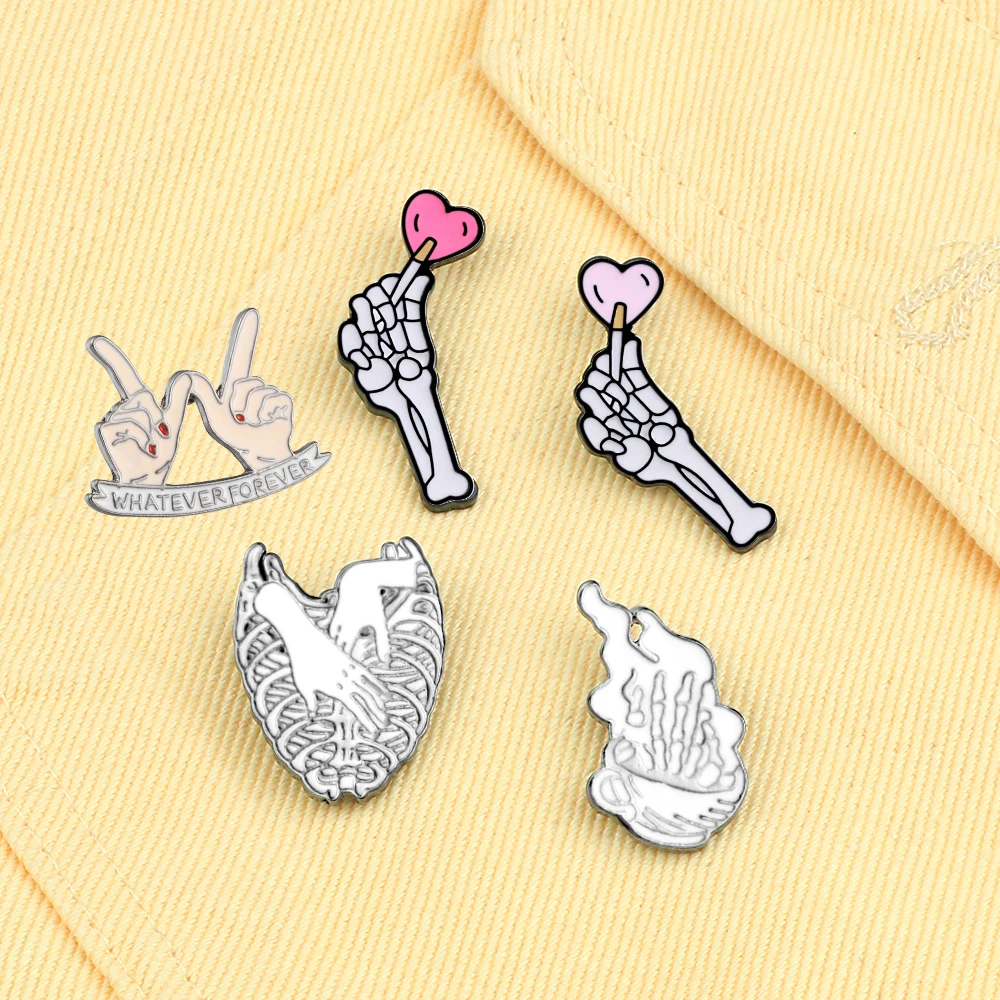 Cartoon Badge Skull Rib Cage Hand Heart Brooches Skeleton Hands Gesture Enamel Pins for Women Bag Jackets Lapel Pin Punk Jewelry