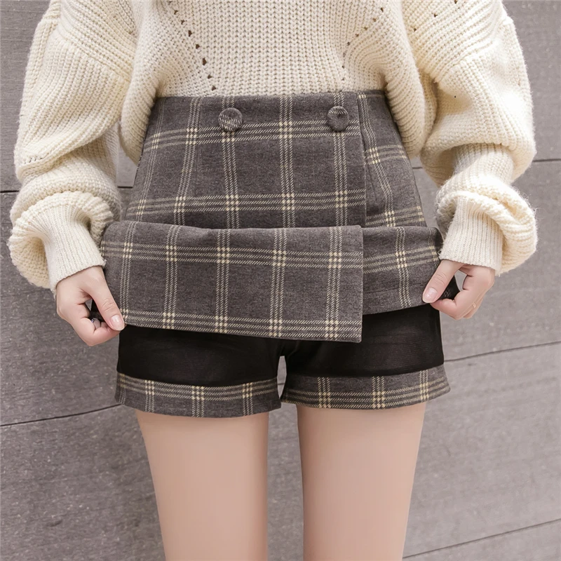 

2019 Woolen Thick Winter Skirts Plaid Double-breasted Mini Pant Skirts Korean Chic Autumn Winter Warm Women Skirt
