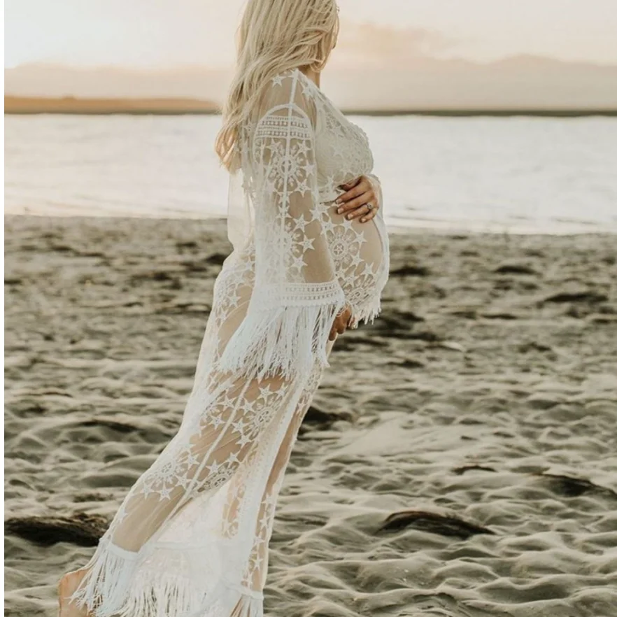 Beach Cover Ups Lace Kimono Maternity Robe Mom White Tassels Photography Mommy Robes | Женская одежда