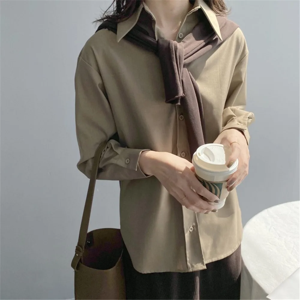 2020 Spring Women Brown Shirt Female Blouse Tops Long Sleeve Casual Turn-down Collar Style Women Loose Office Blouses Z1695 (36)