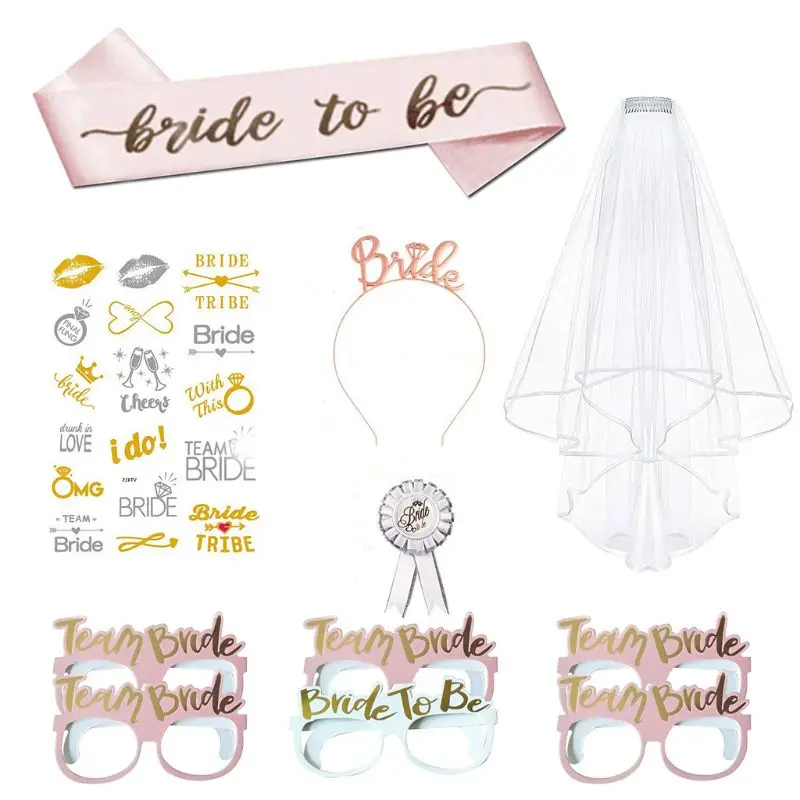 Девичник, девичник, вечерние украшения, набор для невесты, на пояс, свадебная вуаль, значок, очки, баннер, повязка на голову, татуировки, вечерние принадлежности