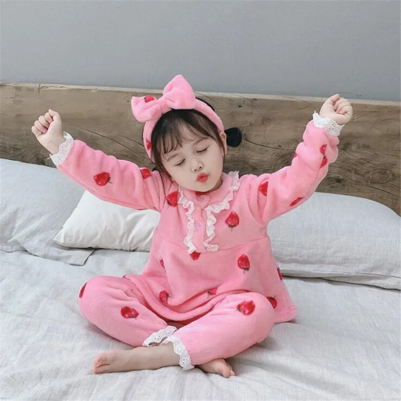 Детские зимние пижамы для девочек, теплая детская одежда для сна с длинными рукавами и принтом, комплекты пижам для девочек, осенняя одежда для детей 1, 2, 3, 4, 5, 6, 7 лет - Цвет: Pink