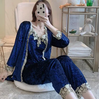 

Pleuche Ladies Pajamas Long Sleeve Three-Piece Thin One Sexy Condole Suit Leisurewear Autumn/winter Fashion